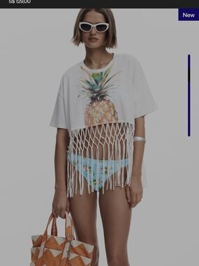 Desigual White Cropped Pineapple Fringe Tee